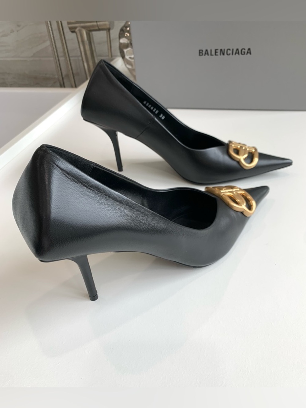 Authentic $1050 BALENCIAGA Black Square Knife BB leather pumps, Size 38. - Picture 11 of 15